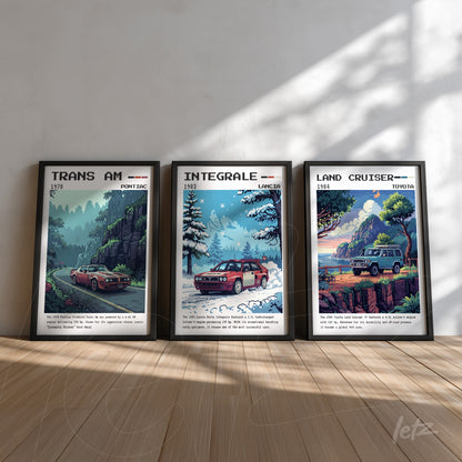 series of framed artworks featuring retro illustrations of classic cars, including 1978 Trans Am, 1983 Integrale, and 1994 Land Cruiser, displayed against a light wall