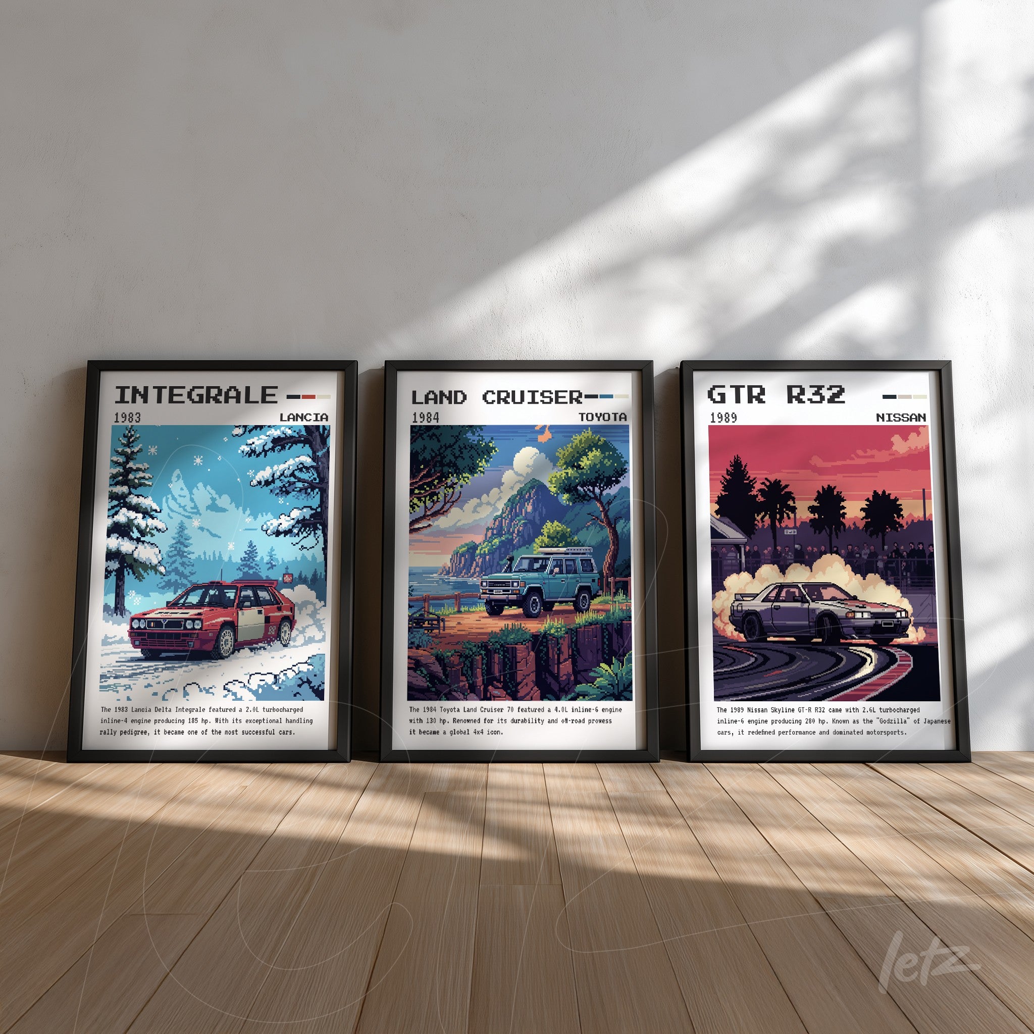 composition of three framed artworks featuring classic cars in black frames against a light wall with soft lighting