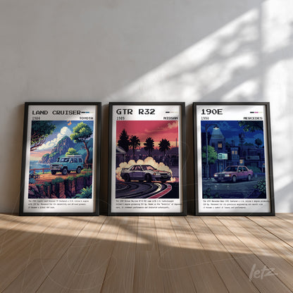 collection of framed illustrations featuring classic cars including a 1984 Toyota Land Cruiser, a Nissan GTR R32, and a 1990 Mercedes 190E with black frames and light background