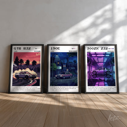 series of framed artworks featuring classic cars including a Nissan GTR R32, a Mercedes 190E, and a Nissan 300ZX Z32 set in various urban scenes