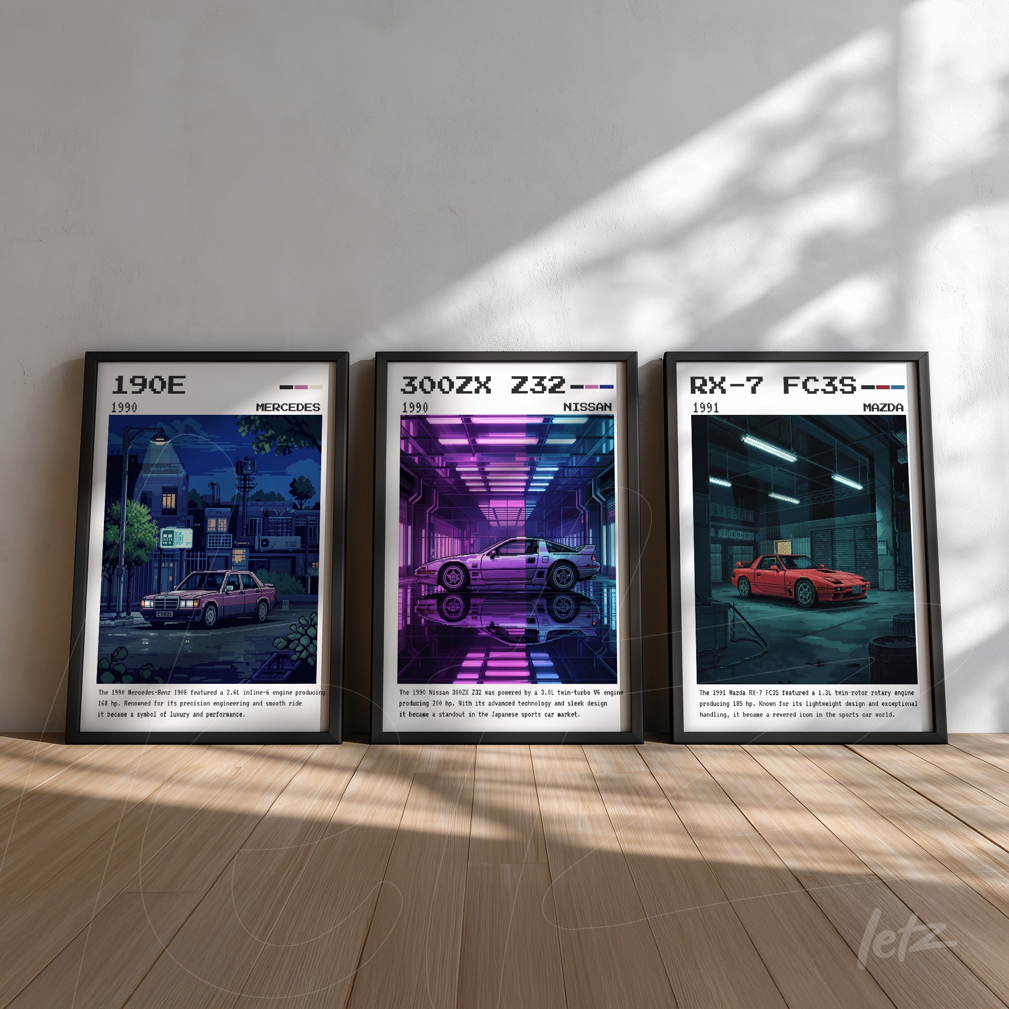 composition of three framed artworks showcasing iconic 90s cars in retro style with light wooden background