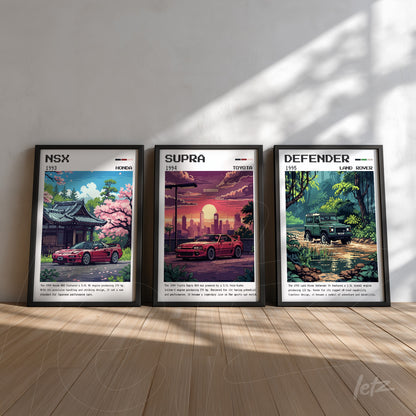 collection of three framed wall arts featuring cars: honda nsx in japanese scenery, toyota supra in urban landscape, and land rover defender in natural setting, all with black frames