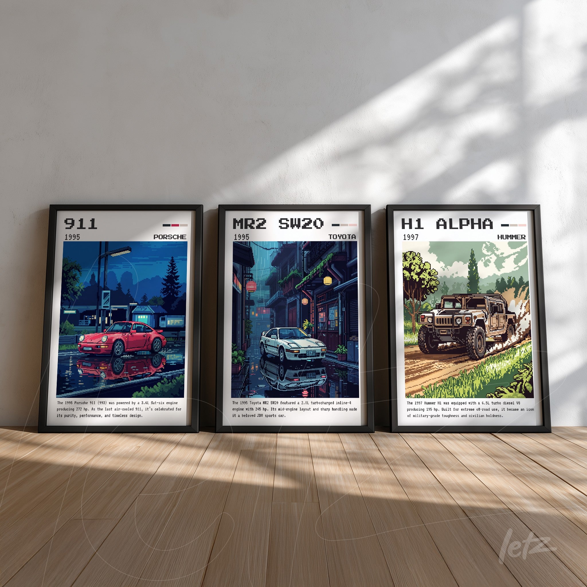 series of framed artwork featuring classic cars, including a 1955 Porsche 911, a Toyota MR2 SW20, and a 1997 Hummer H1 in black frames against a white wall