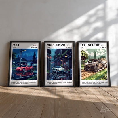 series of framed artwork featuring classic cars, including a 1955 Porsche 911, a Toyota MR2 SW20, and a 1997 Hummer H1 in black frames against a white wall