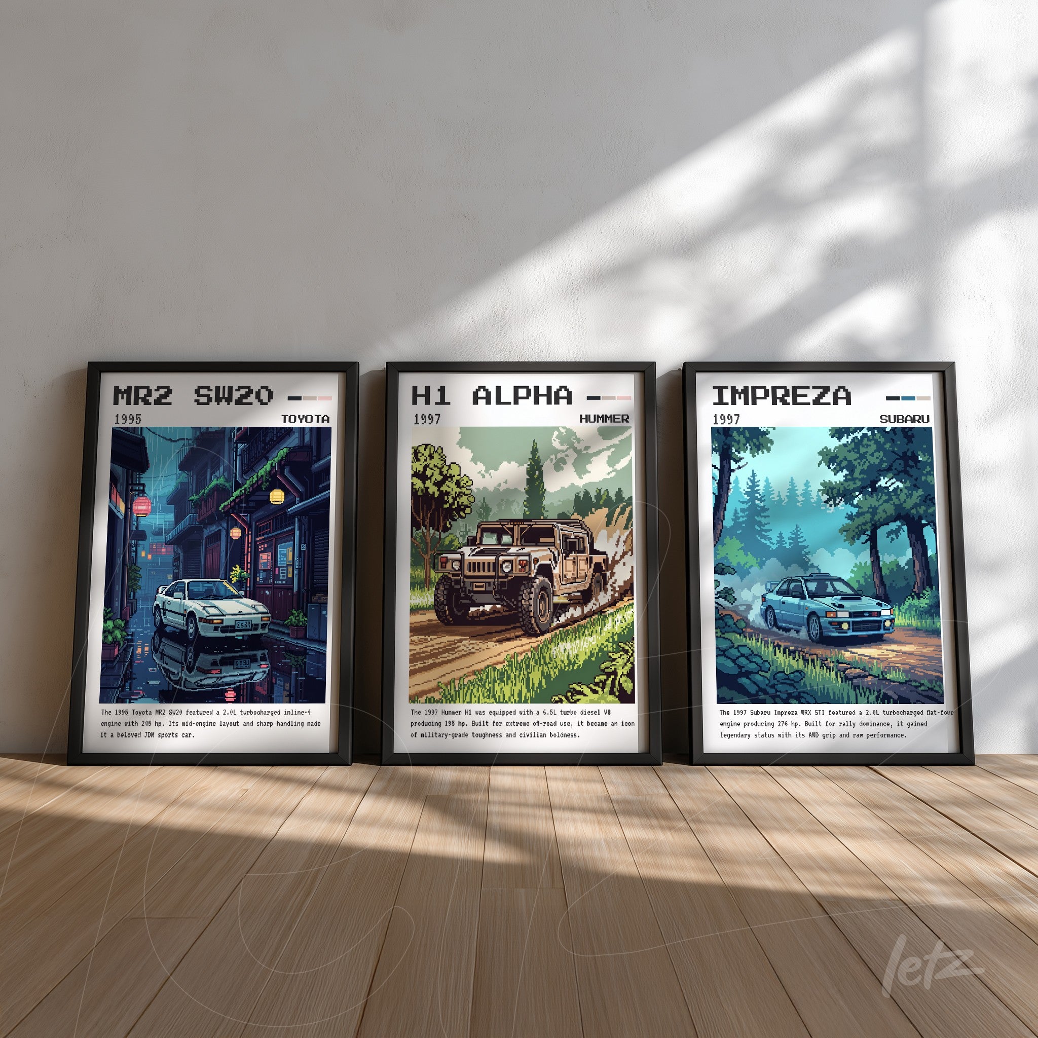 a set of three framed prints depicting classic cars: a toyota mr2 sw20 in an urban setting, a hummer h1 alpha on an off-road trail, and a subaru impreza in a forest scene, all in sleek black frames