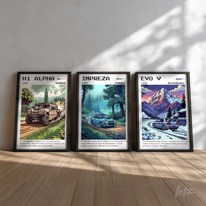 composition of vintage car wall art in black frames featuring H1 Alpha by Humvee, Subaru Impreza, and Mitsubishi EVO V against a light wood background