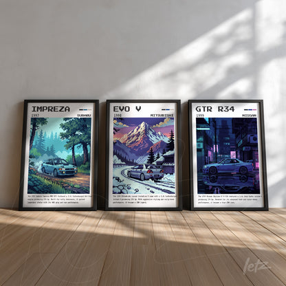 collection of framed art featuring classic cars, including 1997 Subaru Impreza, 1995 Mitsubishi Evo V, and 1999 Nissan GTR R34, all with black frames and light background