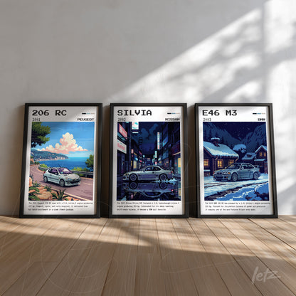 collection of framed artwork featuring stylized cars, including 206 RC from Peugeot in seaside setting, Silvia from Nissan in nighttime urban scene, and E46 M3 from BMW on snowy street, all in black frames with informative text
