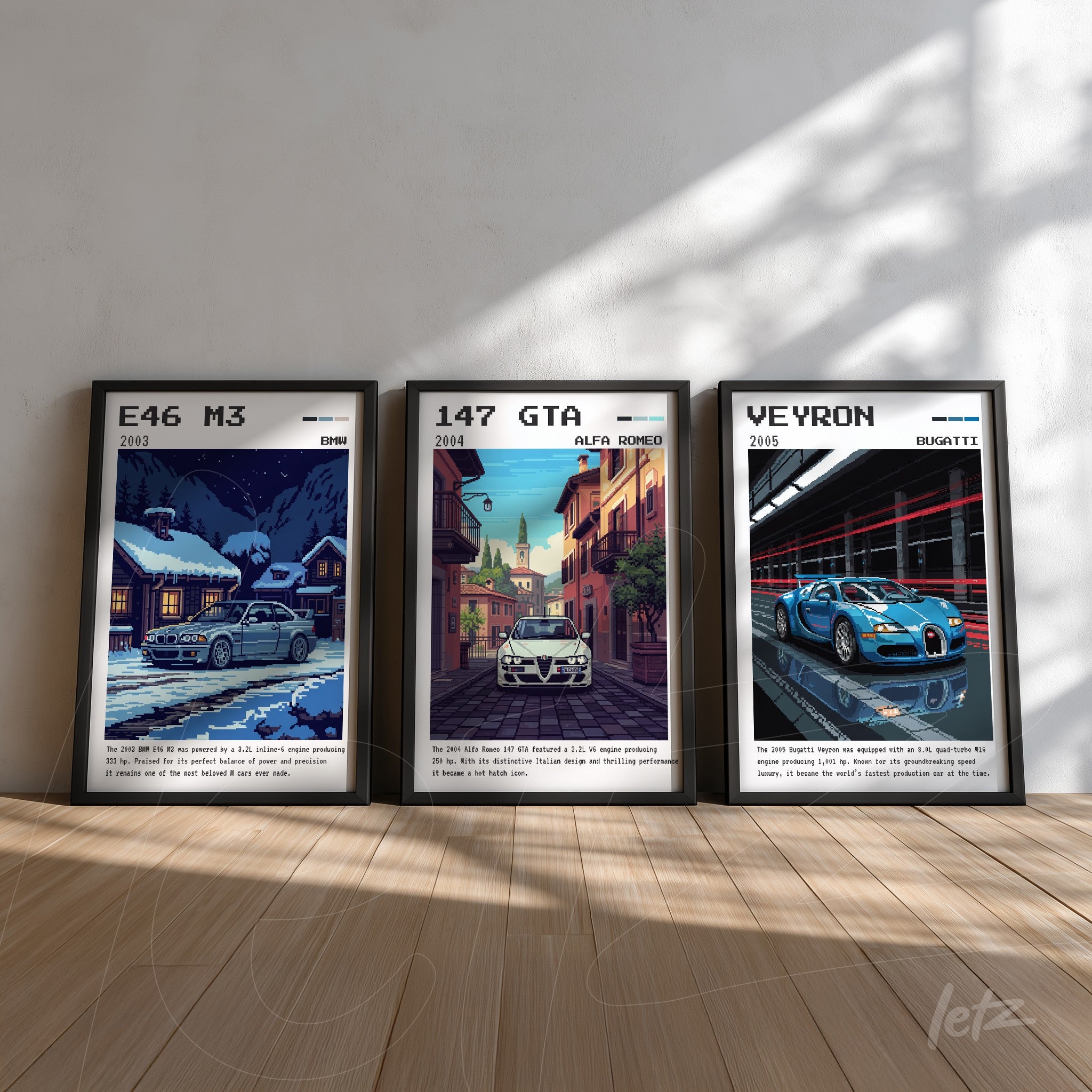 set of framed artwork featuring classic cars, including 2003 E46 M3, 2004 147 GTA, and 2016 Veyron, displayed in a room with light wood flooring
