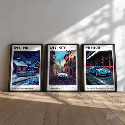 set of framed artwork featuring classic cars, including 2003 E46 M3, 2004 147 GTA, and 2016 Veyron, displayed in a room with light wood flooring