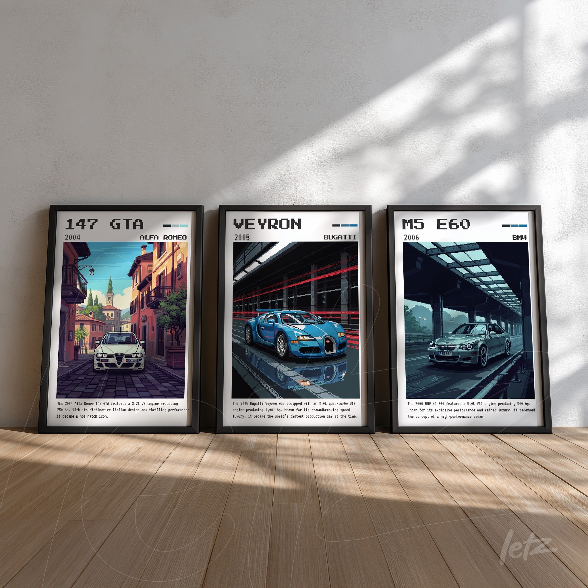 set of three framed wall art pieces featuring stylized illustrations of cars including alfa romeo 147 gta, bugatti veyron, and bmw m5 e60, displayed against a light wall