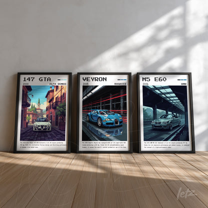 set of three framed wall art pieces featuring stylized illustrations of cars including alfa romeo 147 gta, bugatti veyron, and bmw m5 e60, displayed against a light wall