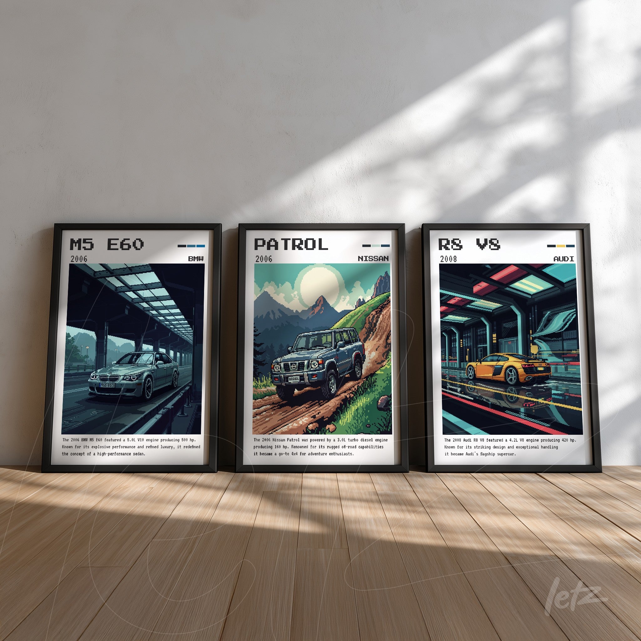 collection of framed prints featuring classic car illustrations in black frames on a light wall