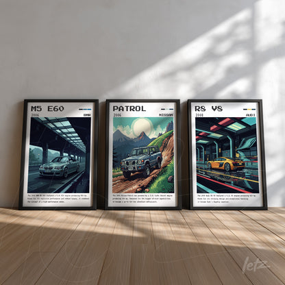 collection of framed prints featuring classic car illustrations in black frames on a light wall