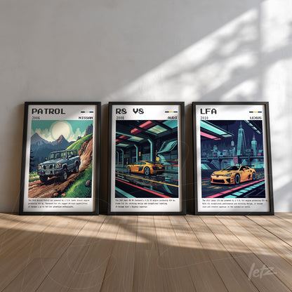 collection of three retro automotive art prints featuring Nissan Patrol 2016, Audi R8 V10 2018, and Lexus LFA 2010 in black frames against a light background