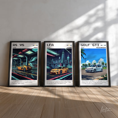 collection of framed illustrations featuring sporty cars, including Audi R8, Lexus LFA, and Volkswagen Golf GTI, placed against a light wall background