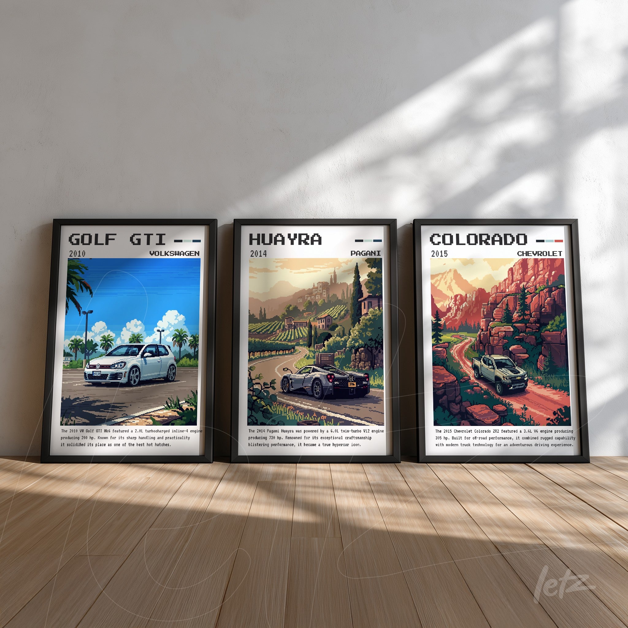 set of framed prints featuring car illustrations including a 2010 golf gti on a beach, a 2014 huayra among vineyards, and a 2015 colorado in a mountainous scenery