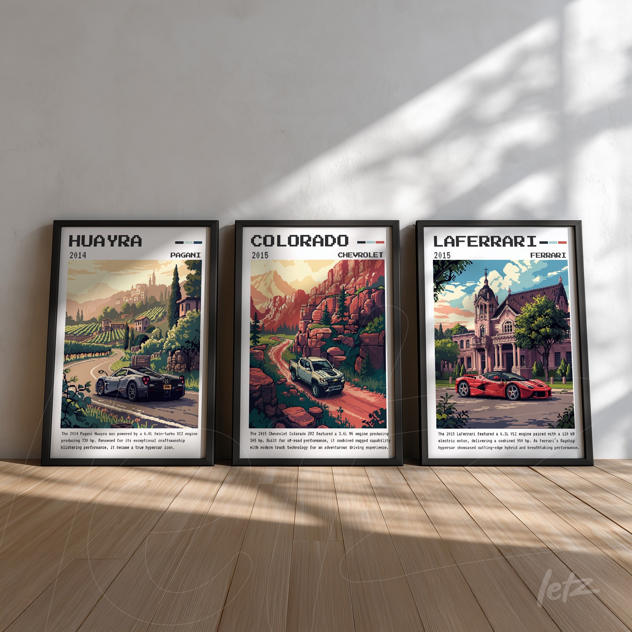 collection of three framed illustrations of classic cars showcasing vineyard and mountain landscapes
