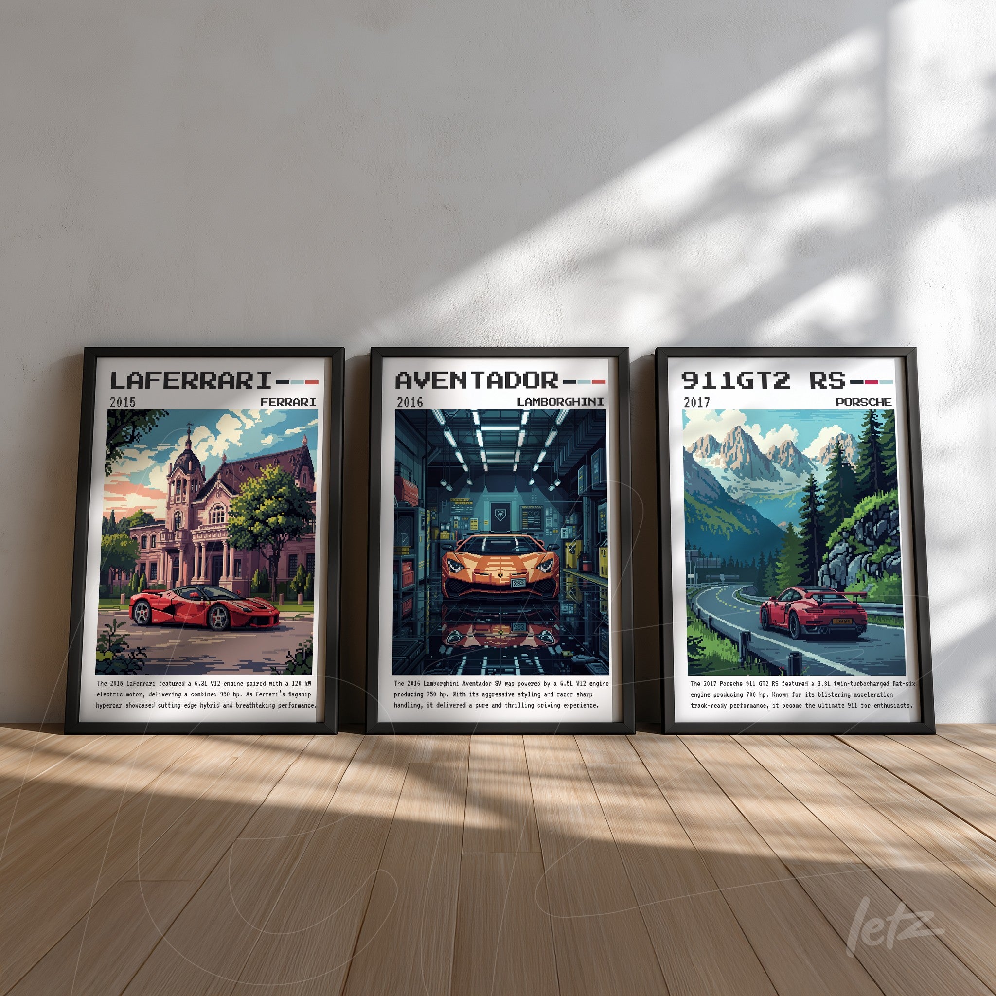 collection of three framed artworks featuring sports cars, showcasing a ferrari laferarri, a lamborghini aventador, and a porsche 911 gt2 rs, each with artistic backgrounds and detailed textures