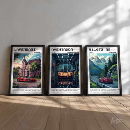 collection of three framed artworks featuring sports cars, showcasing a ferrari laferarri, a lamborghini aventador, and a porsche 911 gt2 rs, each with artistic backgrounds and detailed textures