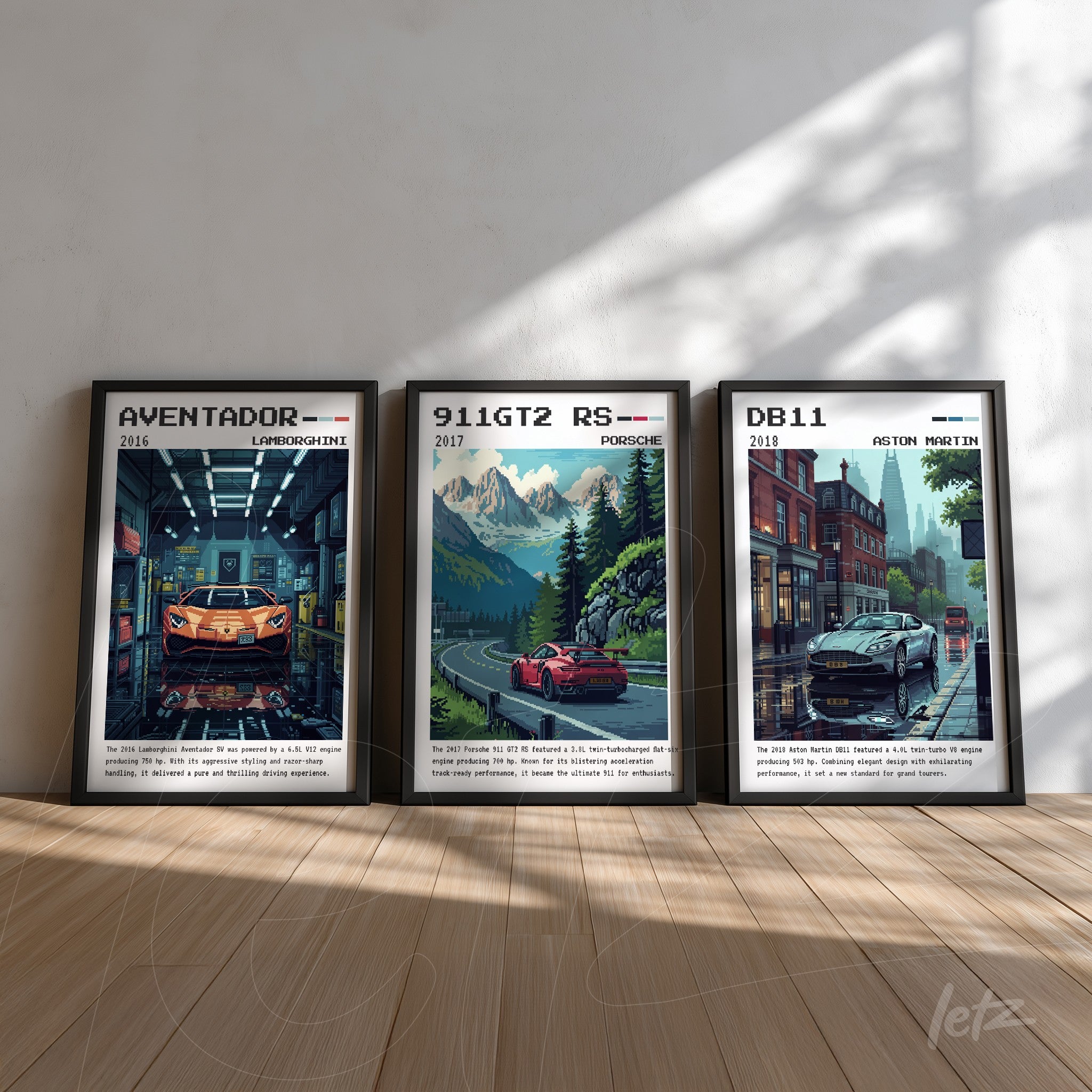 series of framed illustrations featuring sports cars including lamborghini aventador, porsche 911 gt2 rs, and aston martin db11 in black frames against a light wall