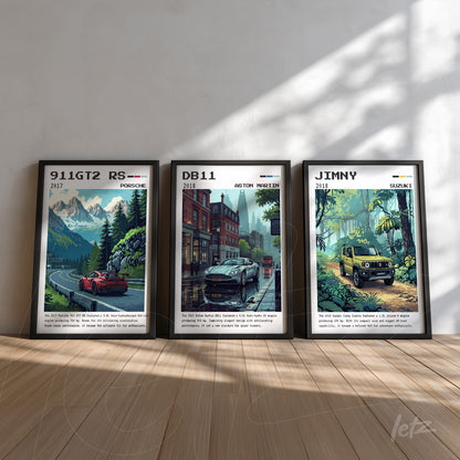 collection of framed artworks featuring classic cars including a 2017 porsche 911 gt2 rs, a 2018 aston martin db11, and a 2019 suzuki jimny, displayed on a light wooden floor