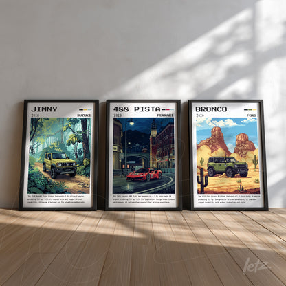 collection of decorative prints featuring car illustrations, including the suzuki jimny in a natural setting, ferrari 488 pista in an urban scene, and ford bronco in a desert landscape, all in black frames