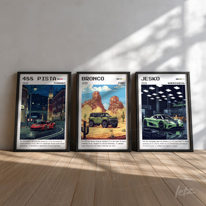 set of three framed artworks featuring iconic cars, including Ferrari 488 Pista, Ford Bronco, and Koenigsegg Jesko displayed against a light wooden floor