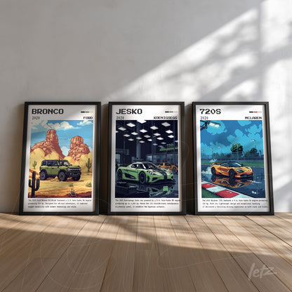 composition of three wall art prints featuring cars, including ford bronco in a desert scene, koenigsegg jesko in a modern showroom, and mclaren 720s on a racetrack, all in black frames