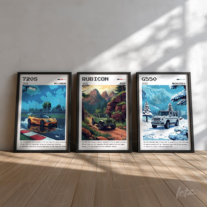 collection of framed wall art featuring cars, showcasing the McLaren 720S, Jeep Rubicon, and Mercedes G550, placed against a light backdrop
