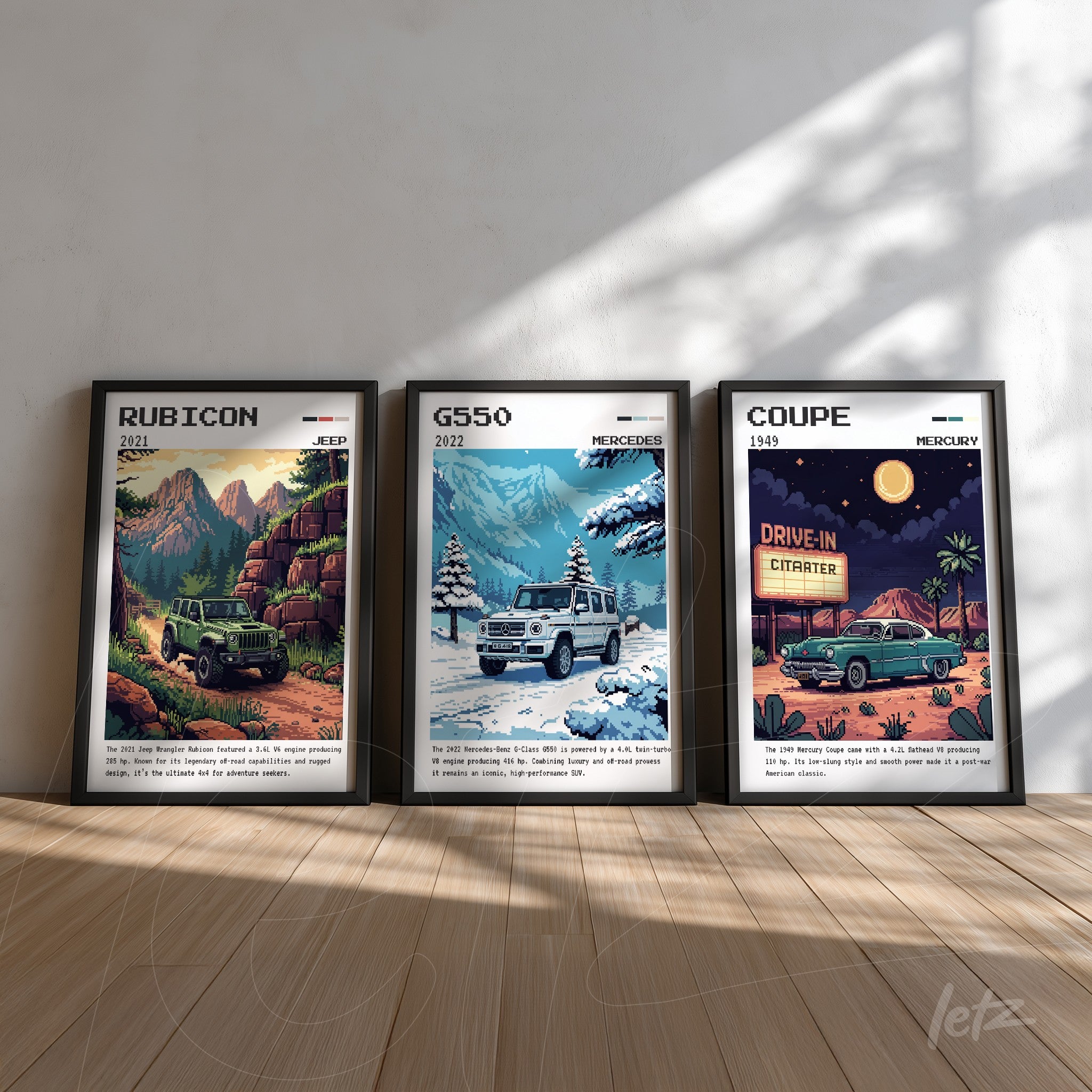 set of three framed artworks featuring classic cars in various landscapes with vibrant colors and black frames