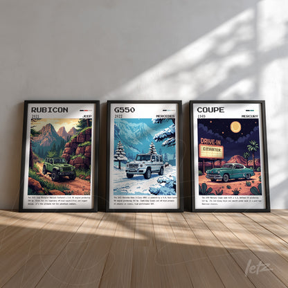 set of three framed artworks featuring classic cars in various landscapes with vibrant colors and black frames