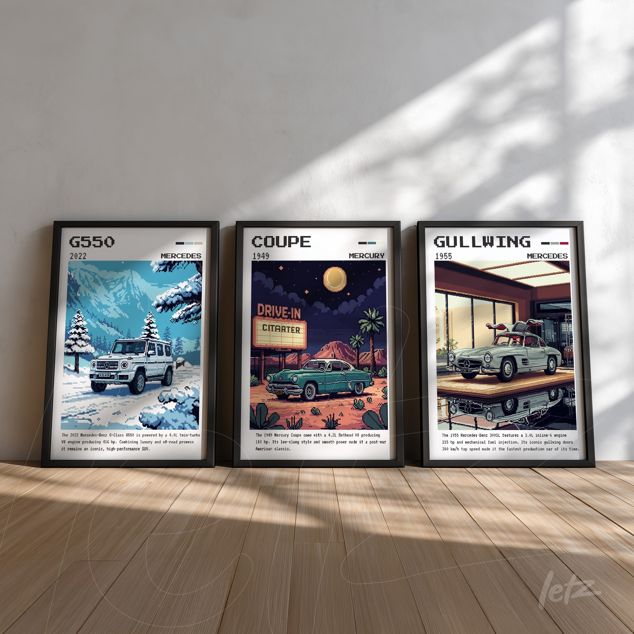 collection of framed illustrations of Mercedes cars: g550 2022 in snowy landscape, coupe 1949 at a drive-in under the night sky, and gullwing 1955 reflected in water surface, all in black frames