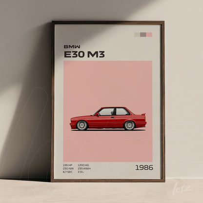 framed wall art featuring a detailed illustration of the BMW E30 M3 sports car against a pink background