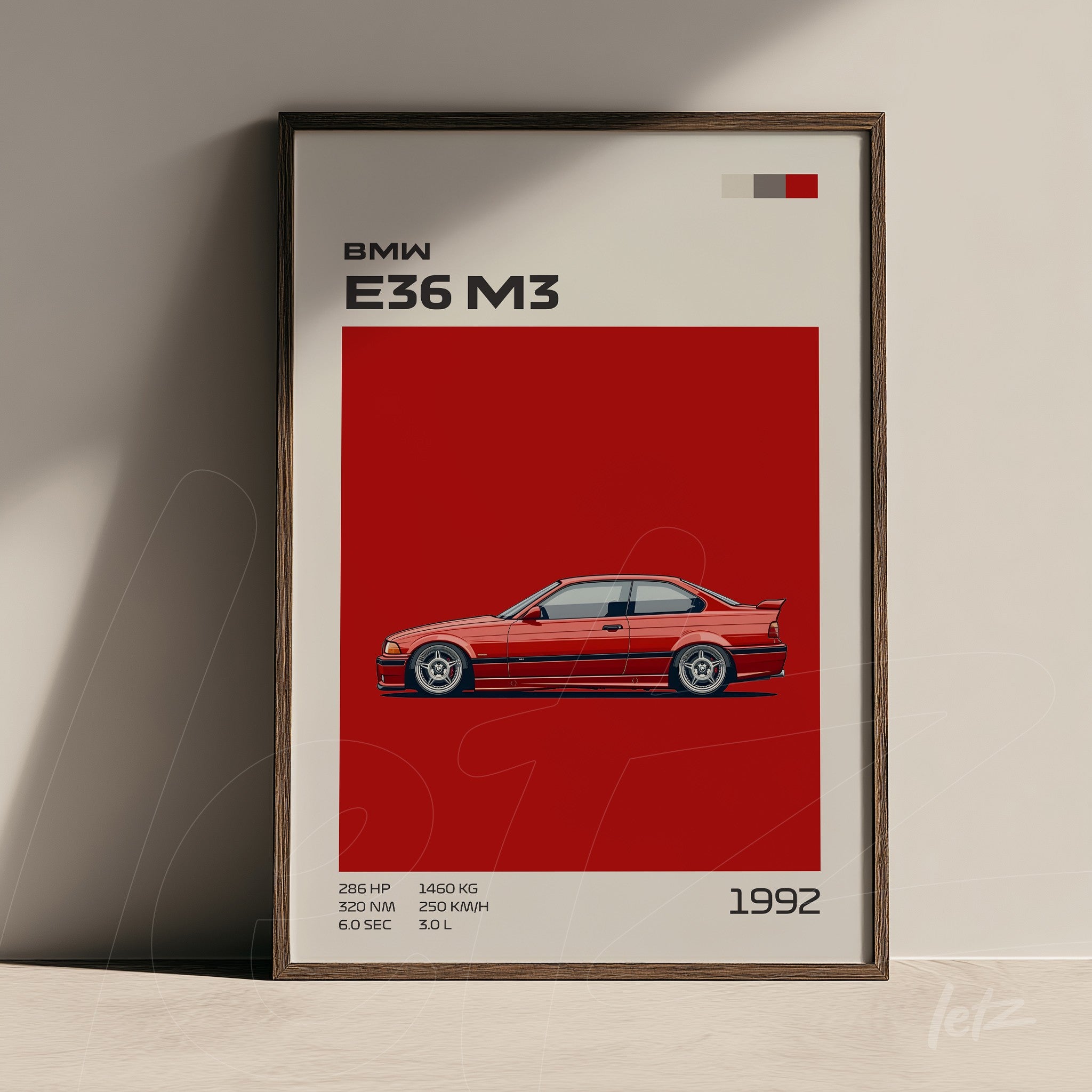 framed wall art featuring digital illustration of BMW E36 M3 in dark wood frame with red background