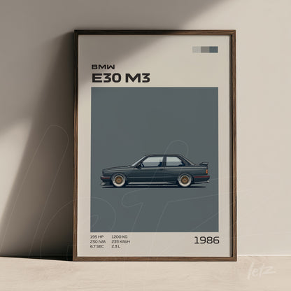 framed wall art depicting a bmw e30 m3 against a gray background with dark wood frame
