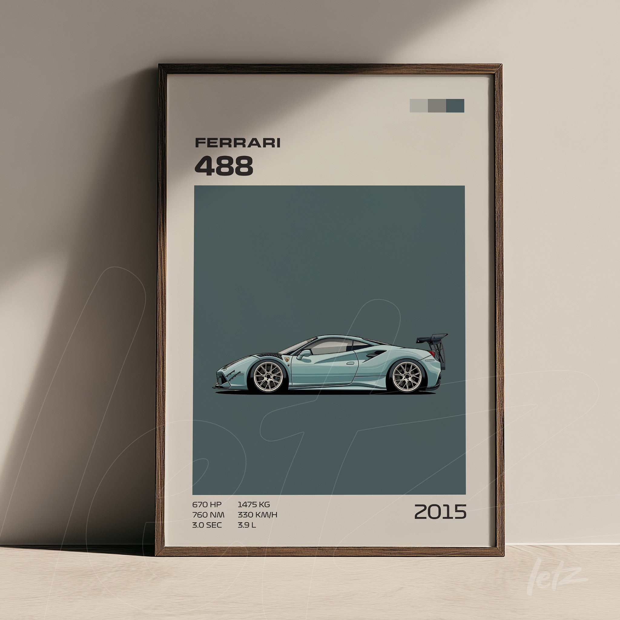 framed artwork featuring the Ferrari 488 illustration with dark brown frame and gray-blue background
