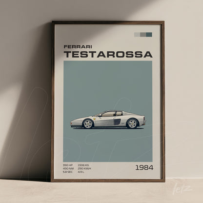 framed artwork featuring a minimalist illustration of the Ferrari Testarossa with a dark wood frame