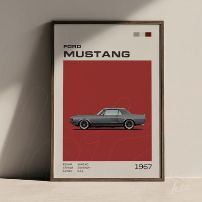 framed artwork featuring a gray 1967 ford mustang on a red background with a dark wood frame