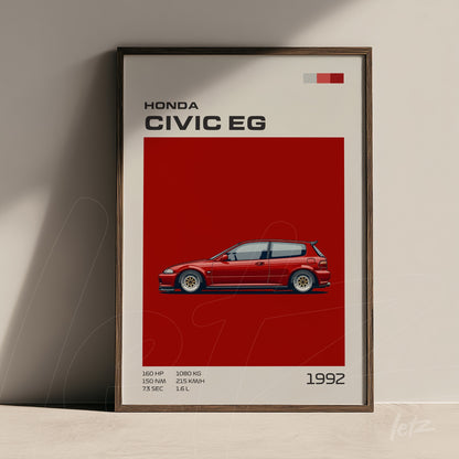 framed graphic artwork of Honda Civic EG on red background with wooden frame