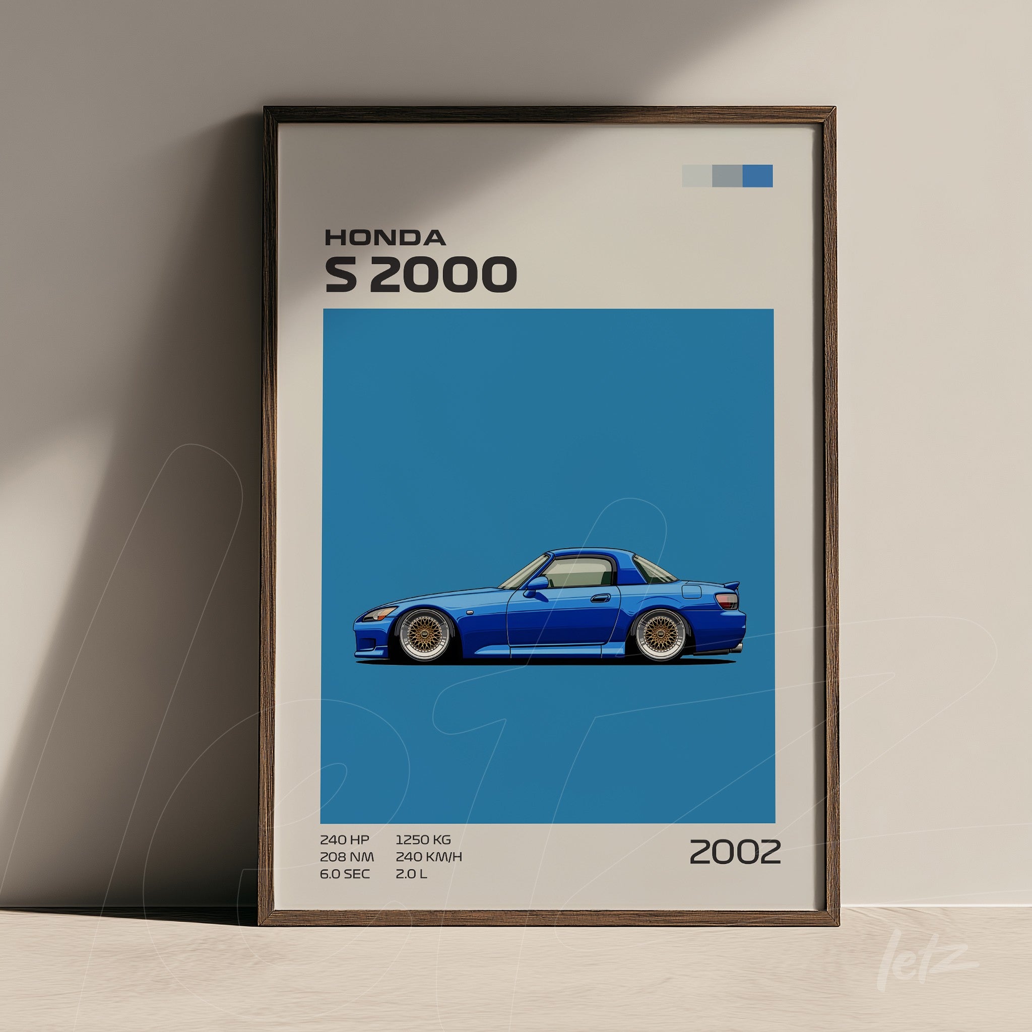 framed artwork featuring stylized illustration of Honda S2000 in vibrant blue background with dark wooden frame