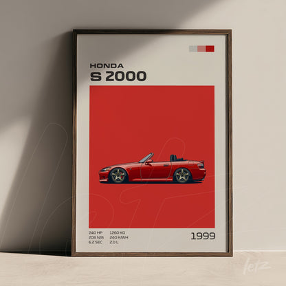 framed minimalist art featuring a red Honda S2000 sports car on vibrant red background with dark wooden frame
