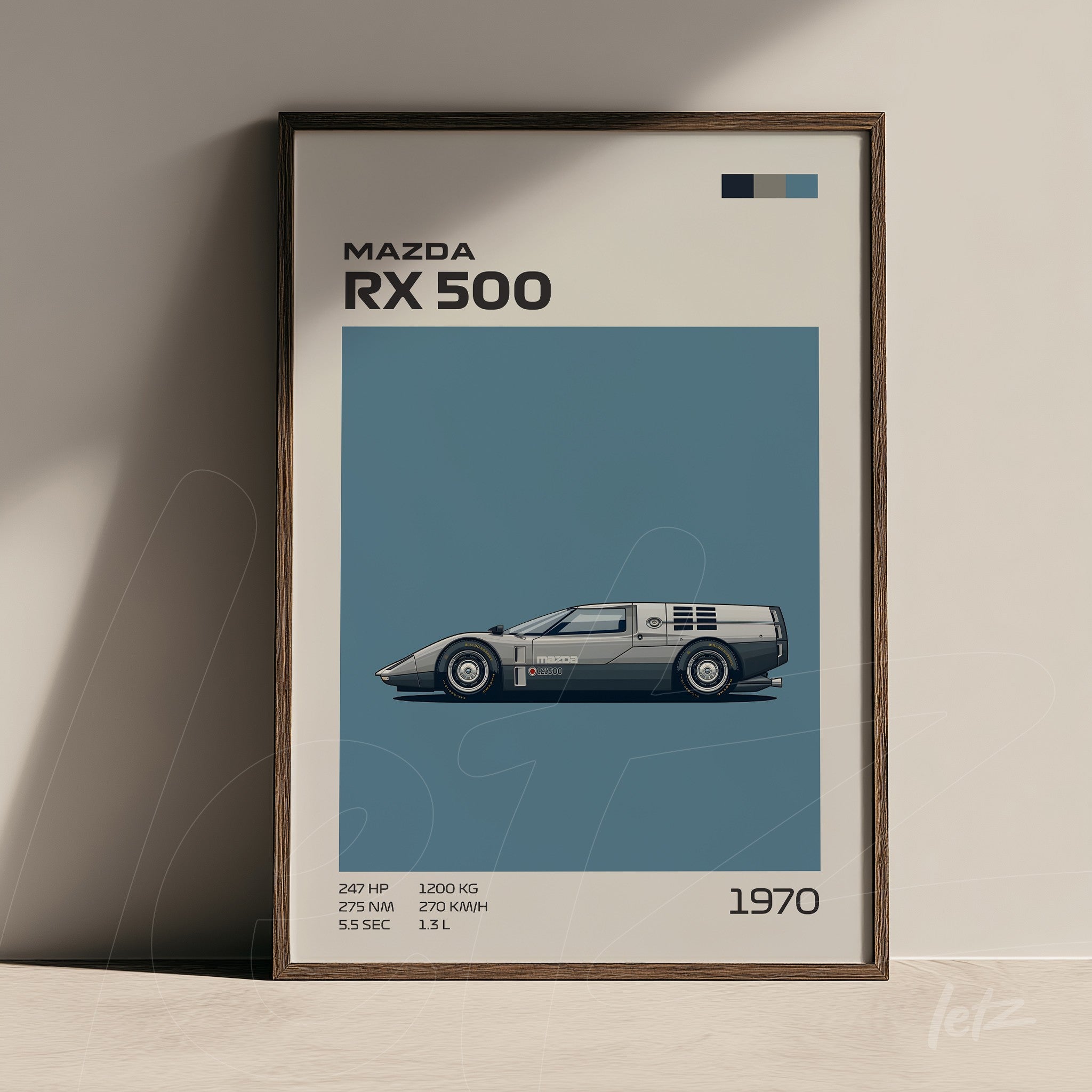 framed digital art of Mazda RX 500 car with dark wood frame