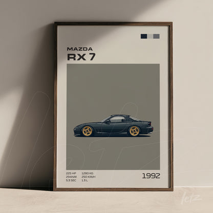 framed artwork featuring 1992 Mazda RX 7 illustration with dark frame and gray background