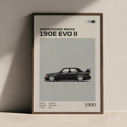 framed minimalist artwork of the Mercedes Benz 190E EVO II with a light gray background and black details