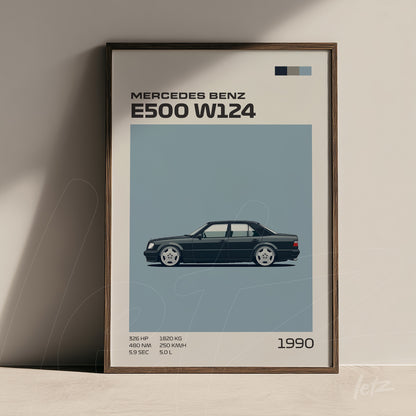 framed minimalist illustration of Mercedes Benz E500 W124 car with dark wooden frame
