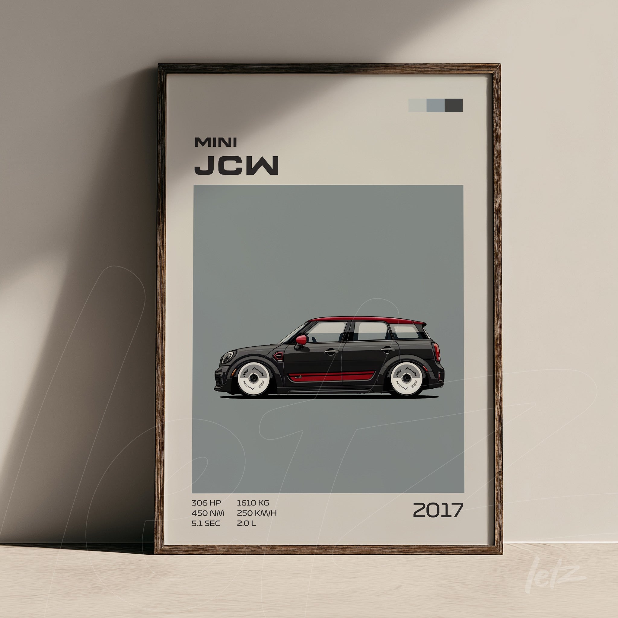 framed wall art of a 2017 Mini JCW car illustration with a dark frame