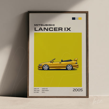 framed artwork featuring a stylized illustration of Mitsubishi Lancer IX on a vibrant yellow background with brown frame