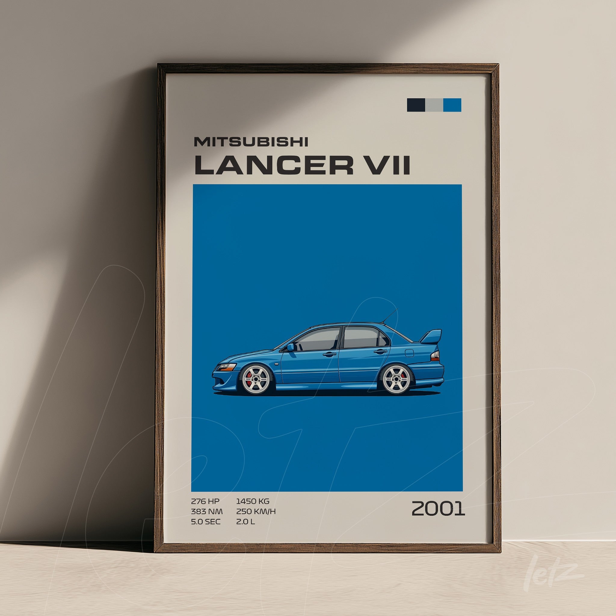 framed digital artwork of the Mitsubishi Lancer VII on blue background with dark wood frame