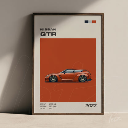 framed digital artwork of Nissan GTR sports car on orange background with dark wooden frame